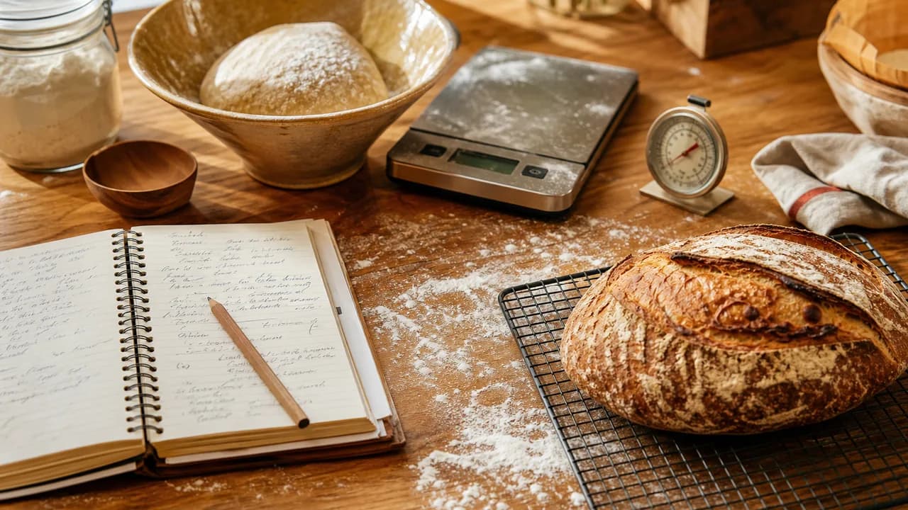 High-altitude baking worksheet notes beside bread on a warm kitchen counter