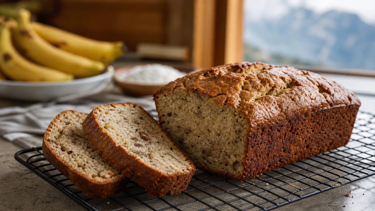 Sliced high altitude banana bread loaf with a moist crumb on a cooling rack